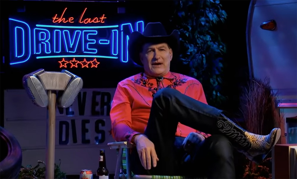 Long time horror host John Bloom, better known to audiences as Joe Bob Briggs, on the set of his new show "The Last Drive-In" on Shudder. 